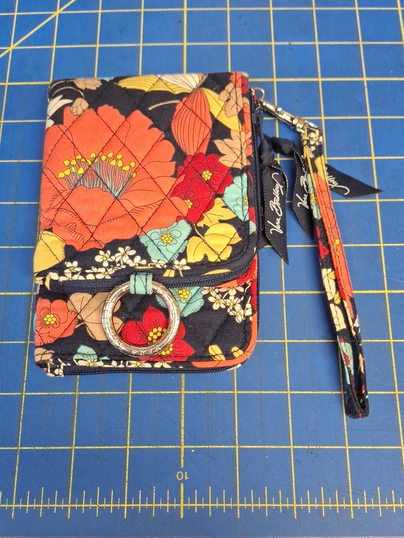 Vera Bradley Floral Quilted Wristlet Wallet Black Coral Preloved Like New